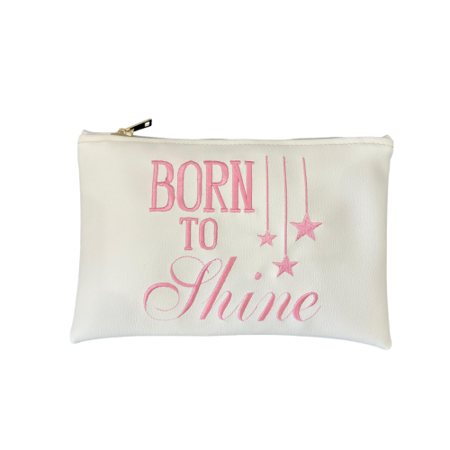 Pochette "BORN TO SHINE" in similpelle colore bianco cm 27X18