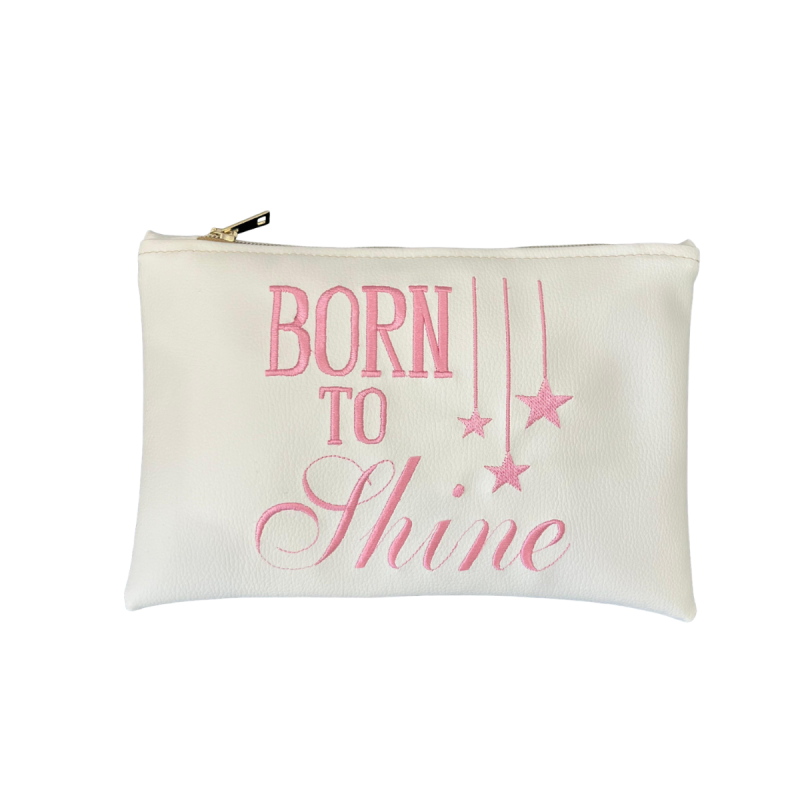 Pochette "BORN TO SHINE" in similpelle colore bianco cm 27X18