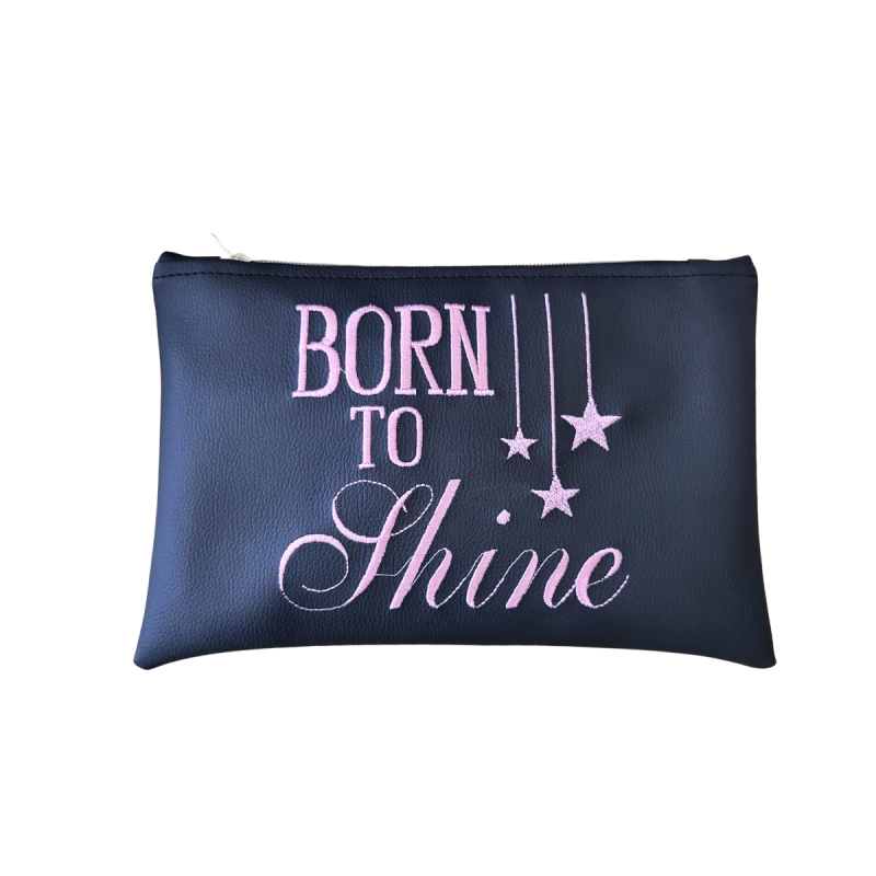 Pochette "BORN TO SHINE" in similpelle colore nero ricamo rosa cm 27X18